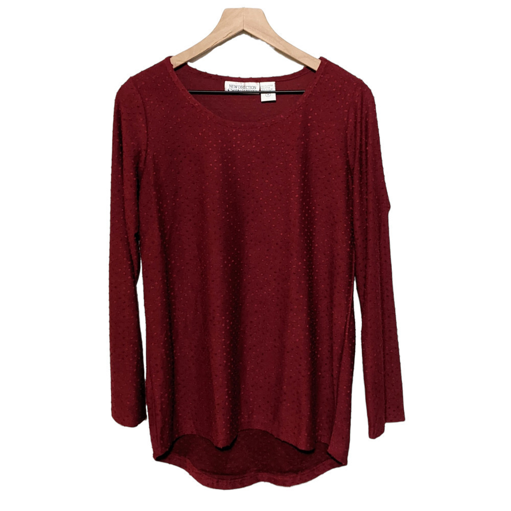 New Direction M Burgundy Red Long Sleeve Textured Dot Blouse Top Women's